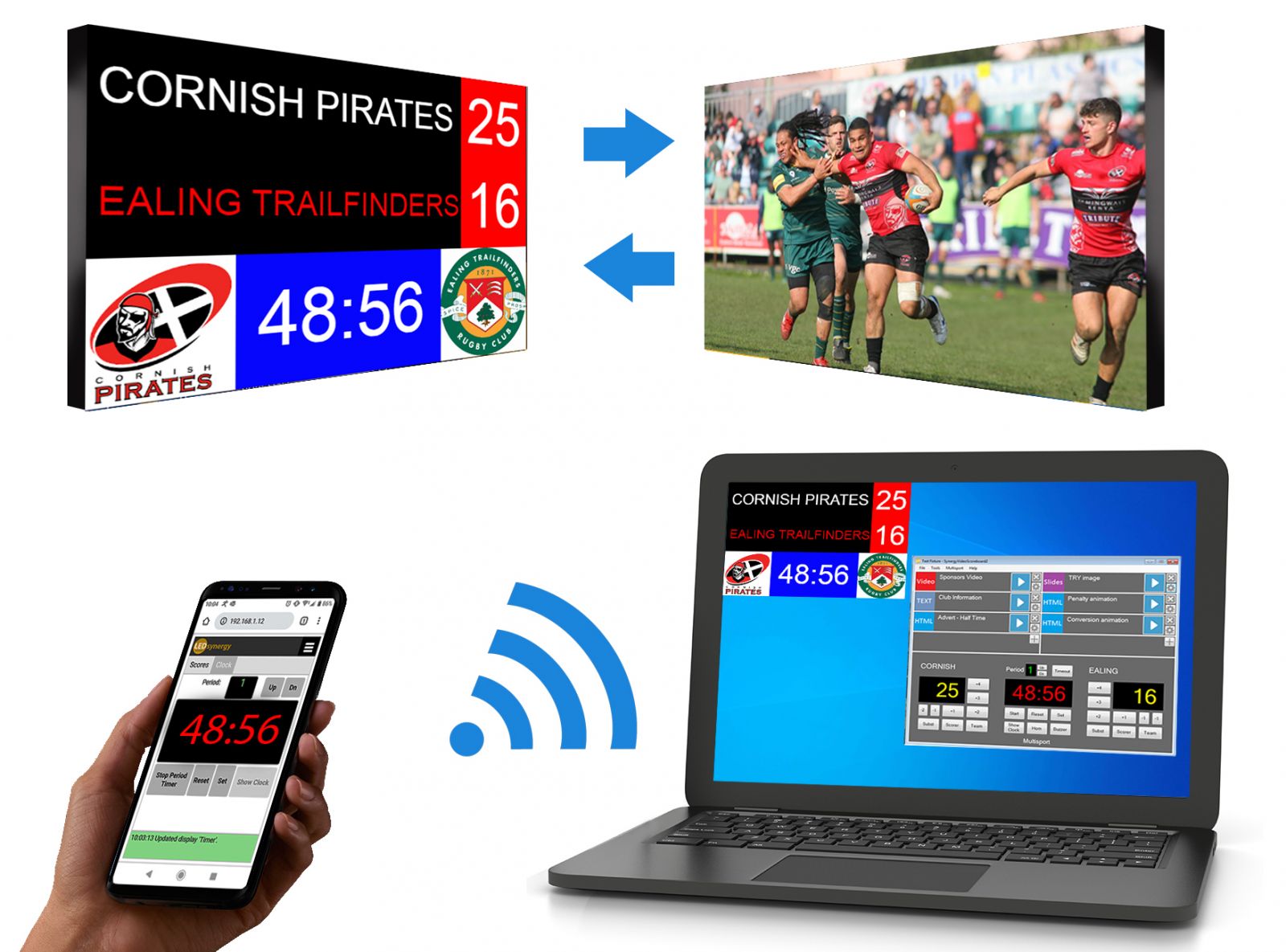 mobile phone with laptop and scoreboard - software and switch screens - rugby